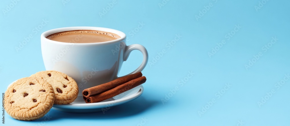 Leinwandbilder a coffee cup with a cinnamon stick and cookies against a blue backdrop. with copy space image. place