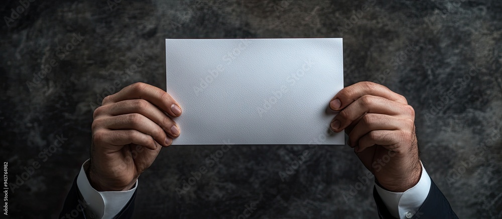 Poster Isolated male hands grasping a sheet of paper. with copy space image. Place for adding text or design