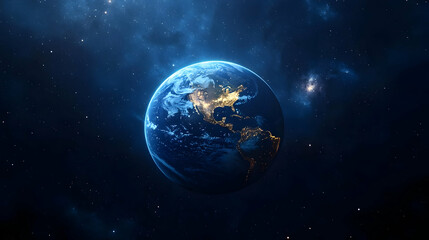 Obraz premium A stunning view of Earth from space, with the continents visible and city lights illuminating the night.