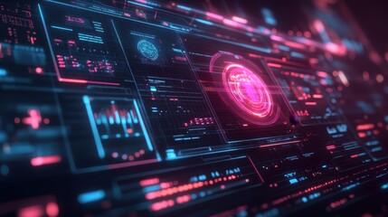 Obraz premium Futuristic HUD Interface with Glowing Blue and Red Lights - Sci-Fi Technology Concept.