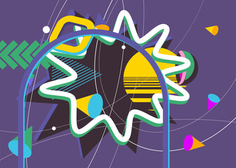 Minimal geometric elements poster design. Multicolored geometrical graphic retro theme cover. Vintage abstract shapes template for poster banner.