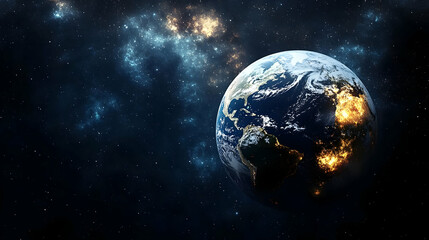 A stunning view of Earth from space, with the continents visible and the city lights twinkling.