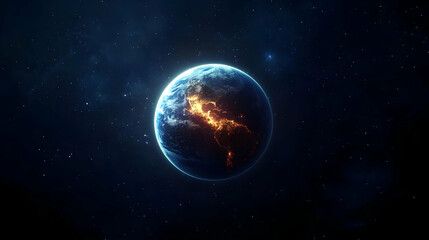 A stunning view of Earth from space, with the lights of cities illuminating the night side.