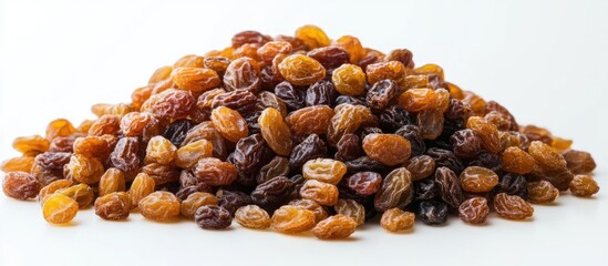 Obraz premium Pile of raisins on a white background. with copy space image. Place for adding text or design