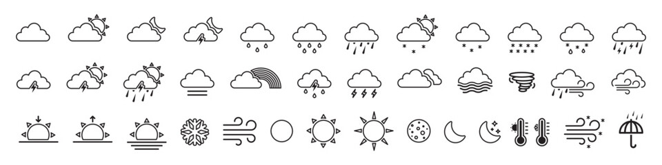 Weather web icon set. Weather , clouds, sunny day, moon, snowflakes, wind, sun day. Forecast weather flat symbols. Pictogram vector illustration.