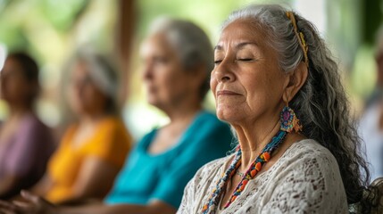 senior yoga class, elderly individuals engage in a restorative yoga session with a compassionate hispanic leader in a serene community center, practicing tranquil movements and calming breathwork