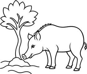 Warthog digging in the soil near a tree fun line art illustration for kids coloring book
