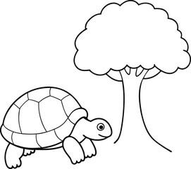 Turtle moving slowly beneath a tree line art illustration perfect for kids coloring book
