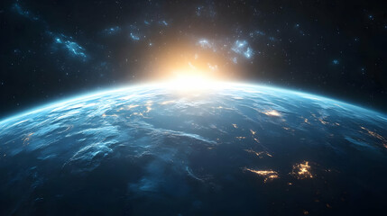 A stunning view of Earth from space, with the sun rising over the horizon and stars twinkling in the background.