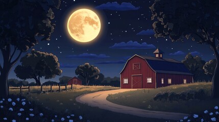 Fototapeta premium Red Barn Under a Full Moon with Stars and a Winding Road