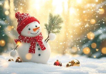 Fototapeta premium Standing on top of a snowy hill, holding tree branches in its hands, is a snowman wearing a red hat and scarf.