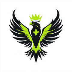 Obraz premium minimalist vector mascot logo of a radiant flying eagle king with a crown, isolated on white background, gamer style green neon and black colors