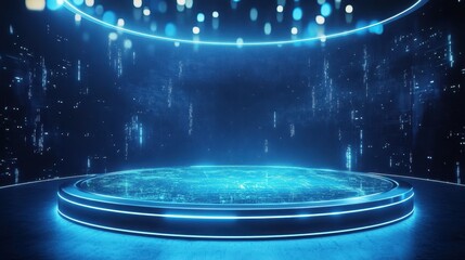 Futuristic Blue Neon Circle Platform with Digital Background for Product Display or Presentation.