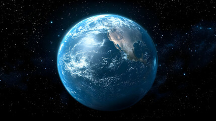 Obraz premium A stunning view of planet Earth from space, with clouds, oceans, and landmasses visible against a backdrop of twinkling stars.