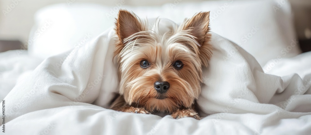 Aufkleber small yorkshire terrier dog under a white blanket on the bed. with copy space image. place for addin