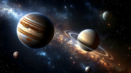 Fototapeta premium A stunning view of Saturn with its rings and Jupiter in the vast cosmic background.
