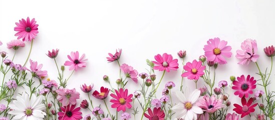 Fototapeta premium Festive pink flowers including daisies and forget me nots create a framed arrangement on a white background Overhead top view flat lay Copy space Suitable for birthday Mother s Day Valentine s Day Wo