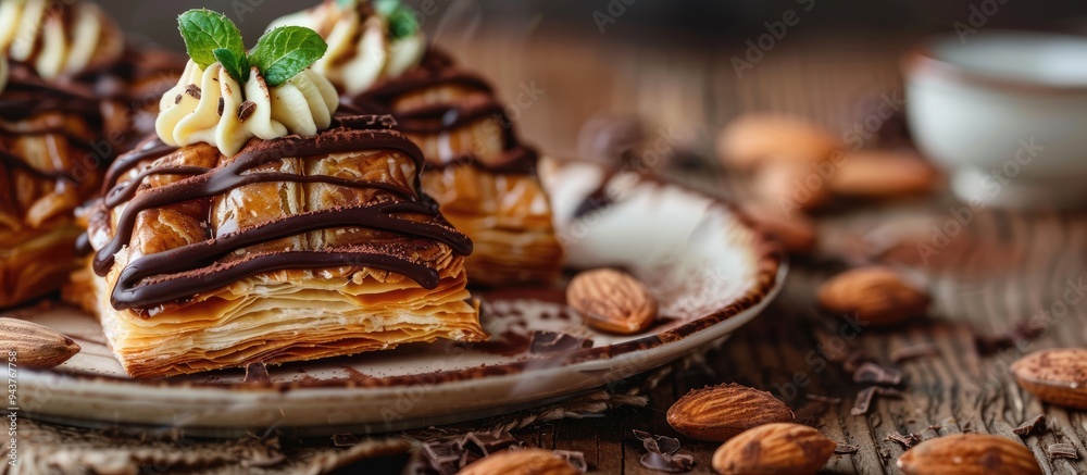 Poster Close up of a chocolate coated puff pastry filled with cream and topped with almonds served on a white plate against a dark background. with copy space image. Place for adding text or design