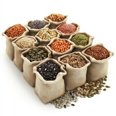 Various Grains and Seeds in Burlap Sacks.