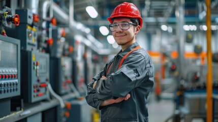 The factory worker in helmet