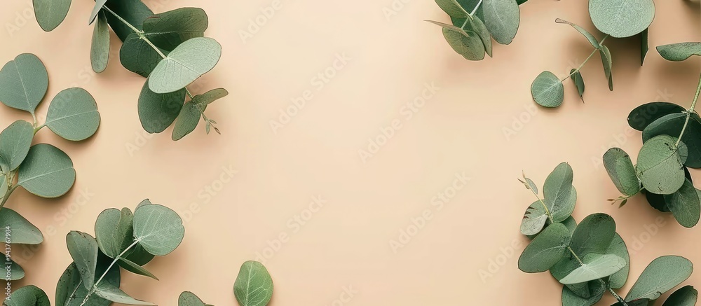 Poster Frame created with eucalyptus leaves on a beige background copy space for showcasing a natural product top view flat lay