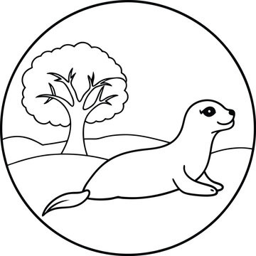 recommend clip art: Adorable seal on a beach with a tree line art illustration for children's coloring fun
                    