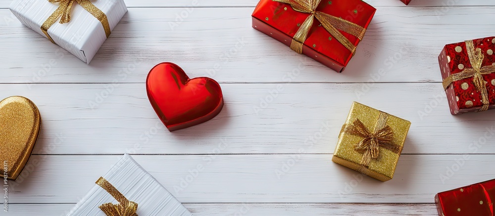 Poster heart shaped gift boxes arranged on a white wooden table golden and red gift boxes set against a whi