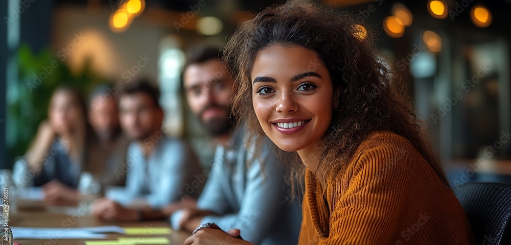 Wall mural smiling confident woman with curly hair looking at camera