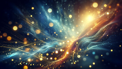Fototapeta premium A vibrant abstract background featuring a blend of soft blue and gold tones illuminated by glimmering bokeh effects. Sparkling particles create a sense of golden and blue lights