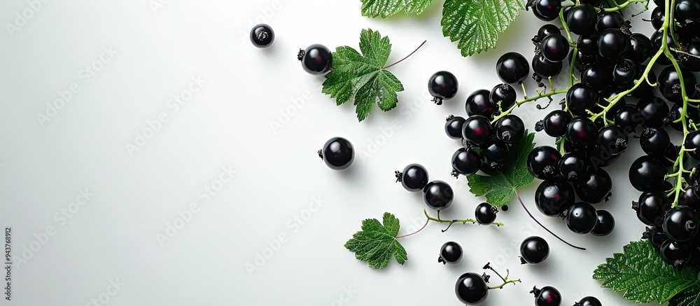 Poster black currant a backdrop featuring black currants and leaves on a white surface space for text. with