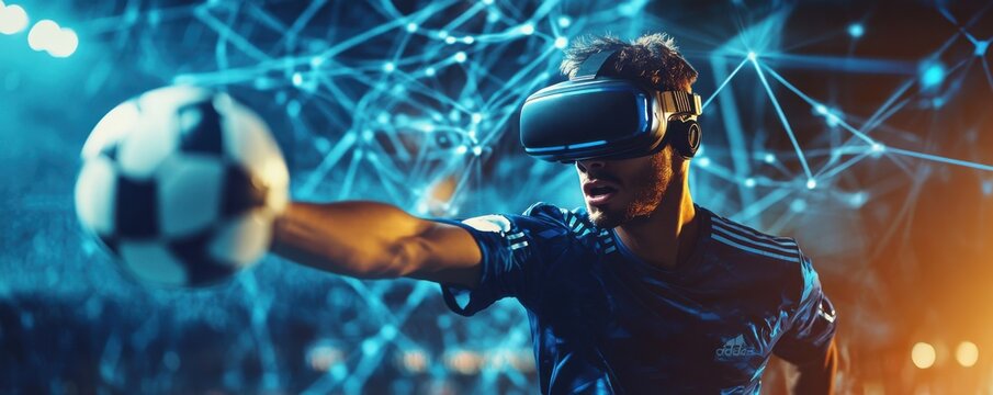 Close-up of a soccer player in virtual reality gear about to kick a soccer ball, showcasing the fusion of sports and technology in a digital environment.