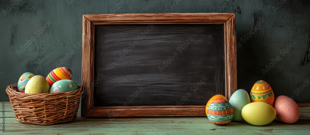 Leinwandbilder empty chalkboard and vibrant easter eggs in a basket on a green background. with copy space image. p