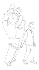 One continuous line of alarm clock and man with Garbage Bin. Thin Line Illustration vector concept. Contour Drawing Creative ideas.