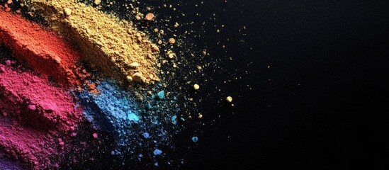 Colorful makeup powder shadows are scattered against a black background with copy space
