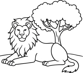 Peaceful lion under tree shade coloring page for kids line art fun and relaxing
