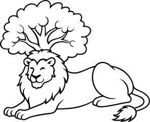 Calm lion lying beneath tree shade line art illustration for children's coloring book
