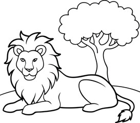 Lion resting under a tree line art illustration perfect for kids coloring book
