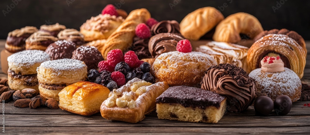 Poster A variety of pastries and sweets on a wooden table Celebration treats. with copy space image. Place for adding text or design