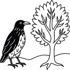 A raven standing near a tree line art illustration perfect for kids coloring book fun and creativity
