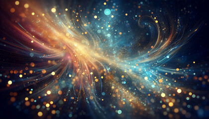 Naklejka premium A vibrant abstract background featuring a blend of soft blue and gold tones illuminated by glimmering bokeh effects. Sparkling particles create a sense of golden and blue lights
