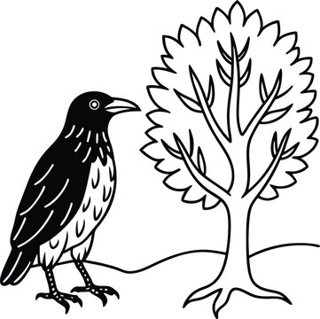 recommend clip art: A raven standing near a tree line art illustration perfect for kids coloring book fun and creativity
                    