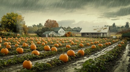 Pumpkin farm field perfect for a family fall festival in October. Moody, rainy weather creates a cozy atmosphere. Organic, non-GMO pie ingredients and fresh squash make autumn fun and festive.