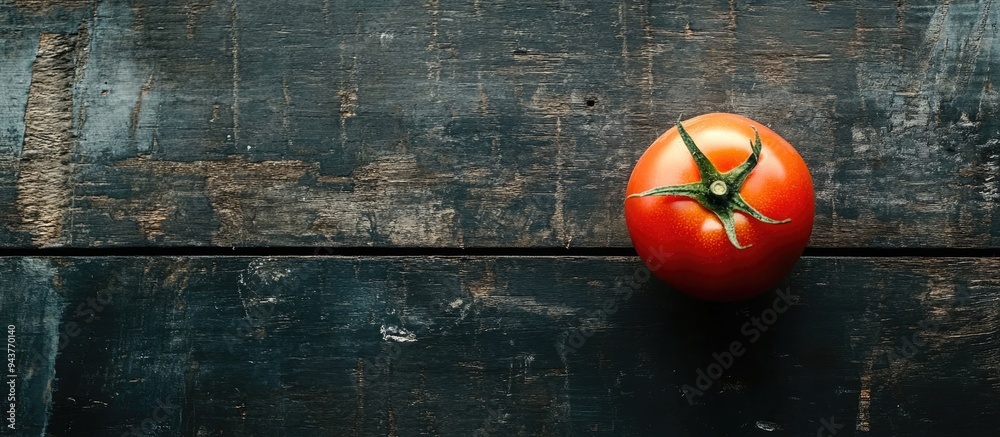 Leinwandbilder a single tomato on a rustic black wooden table. with copy space image. place for adding text or desi