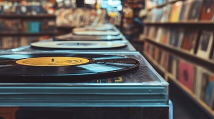 Vintage vinyl record sits atop a stack of albums in a record store, capturing the essence of browsing through a music shop with a retro vibe