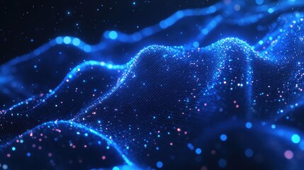 Abstract Blue Digital Grid Background with Glowing Particles.