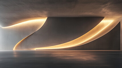 minimalist modern architecture designed with streamlines and curves, decorated with warm lighting, spacious floor, scene for car presentation