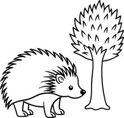 Playful hedgehog scene under a tree for kids to color with easy line art
