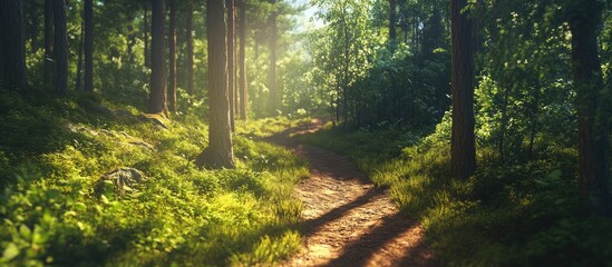 Fototapeta premium A bright sunny forest scene featuring a narrow trail on a summer day. with copy space image. Place for adding text or design