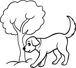 Adorable puppy spinning in circles under a tree for kids to color and enjoy
