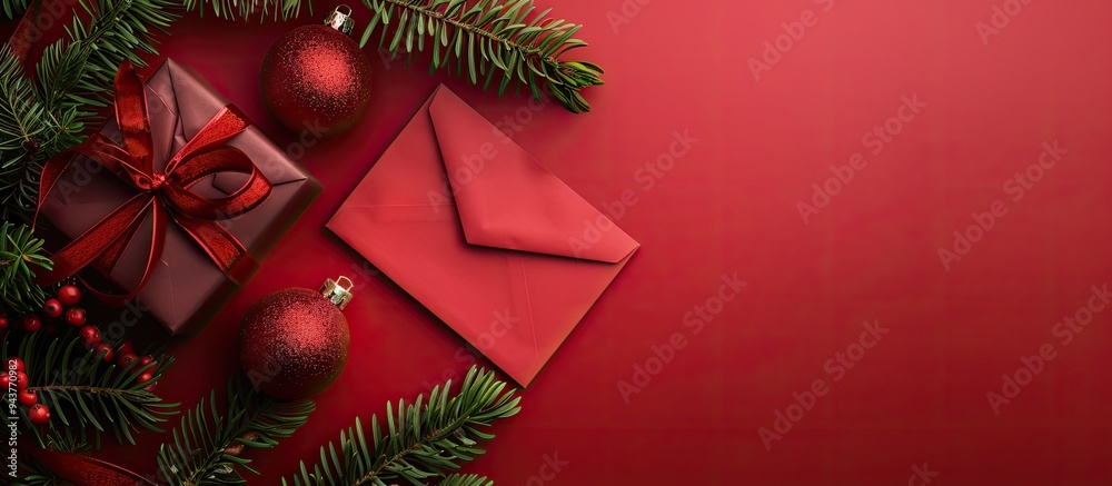 Poster christmas greeting card mockup featuring gift boxes a card with an envelope and pine tree branches o